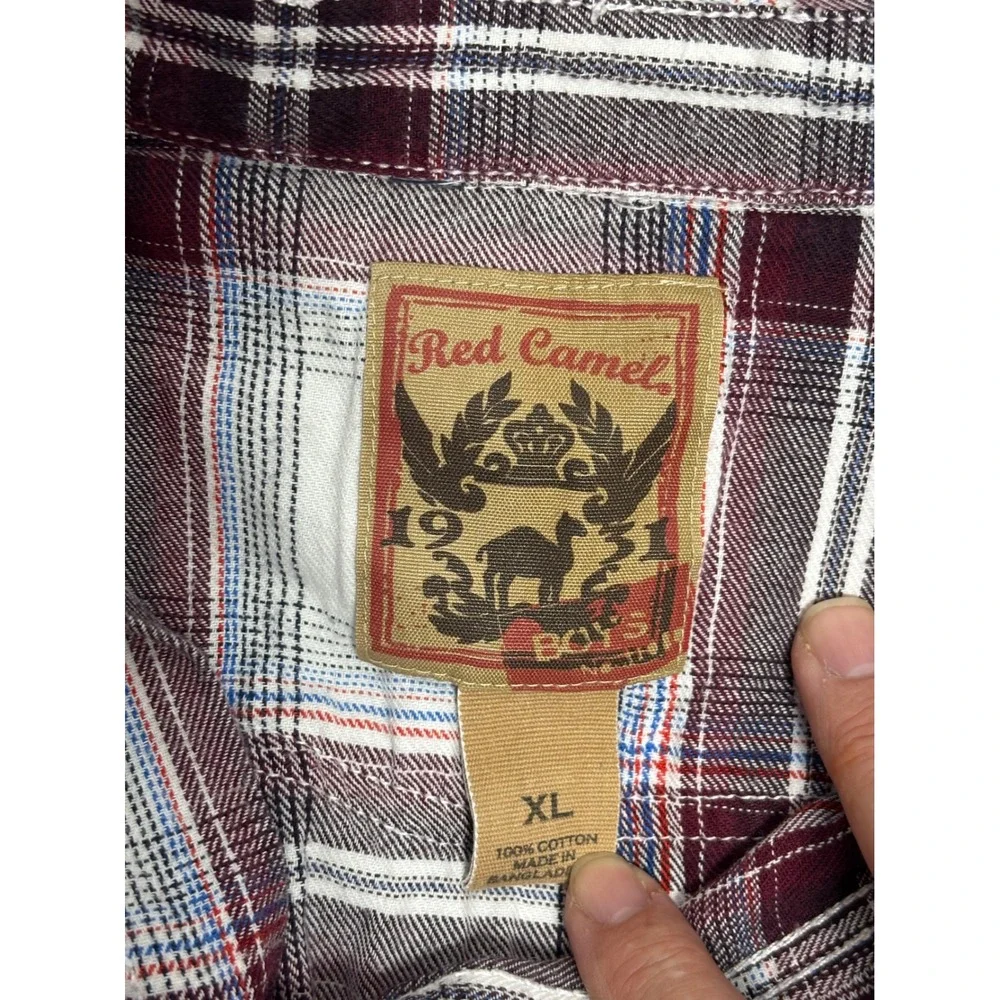 Red Camel Boys XL Flannel Button Down Shirt Plaid Burgundy White Blue L/S
